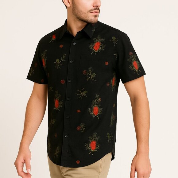 Swell Shirt M Slim Fit Black Floral Button Down Short Sleeve Tropical Coastal - Picture 1 of 6
